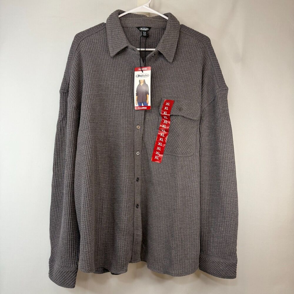 Size XL Buffalo Jeans Waffle Knit Button Up Shirt Heather Rock Gray
